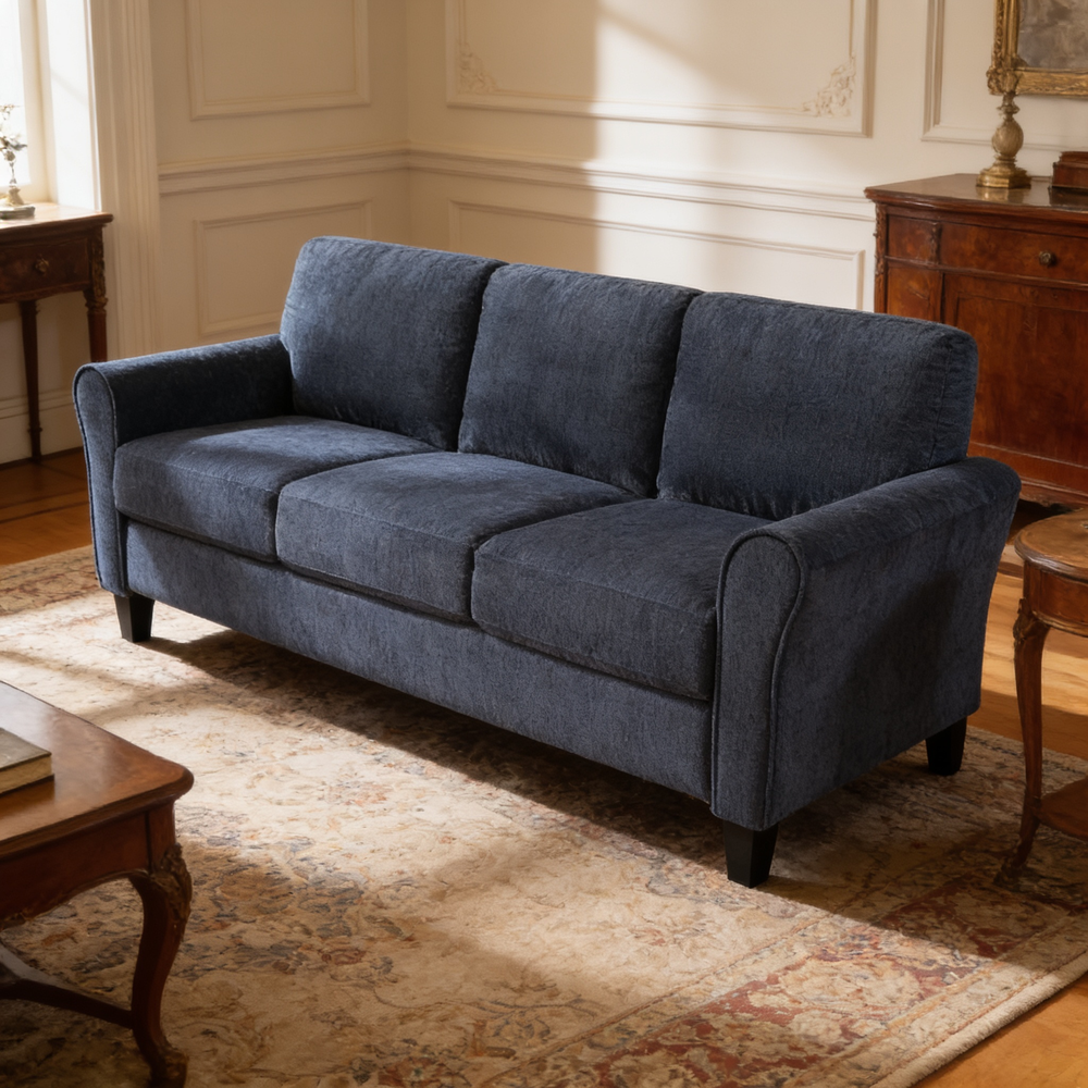Contemporary 2pc Living Room Sofa Set Blue Chenille Upholstered Sofa Loveseat Plush Foam Padded Pocket Coils Solid Wood Furniture-B011S02487 - 场景图
