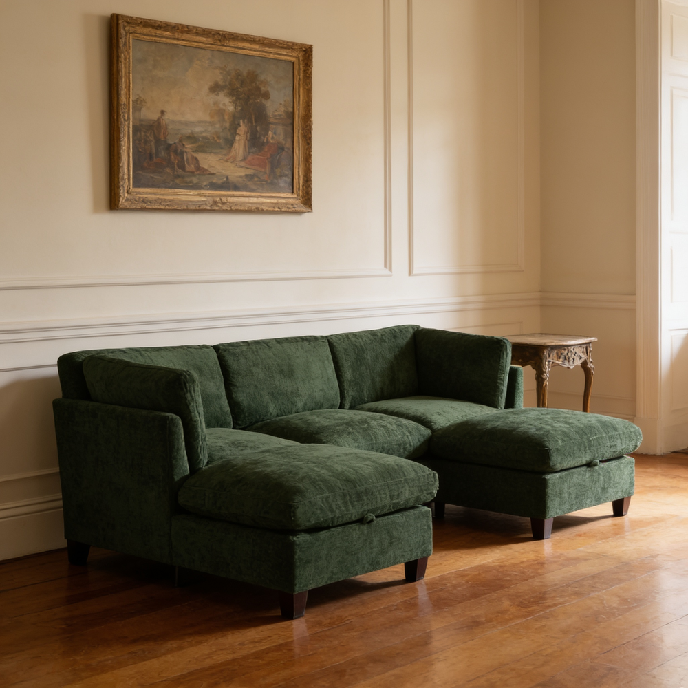 96.5'Sectional Couch for Living room, Upholstered Soft Chenille Fabric Sofa with Storage, 3-Seater with Two Ottomans U Shape Sofa Green-W1097S00287 - 场景图