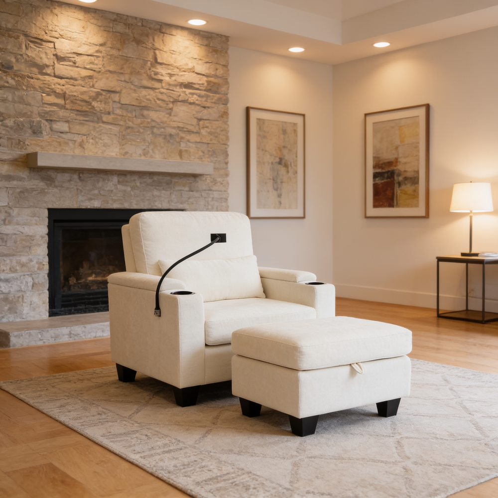 Single sofa recliner with manually adjustable backrest, USB charging port on the armrest side, phone stand included, hidden armrest storage, and a matching storage ottoman-Beige-W487P423650 - 场景图