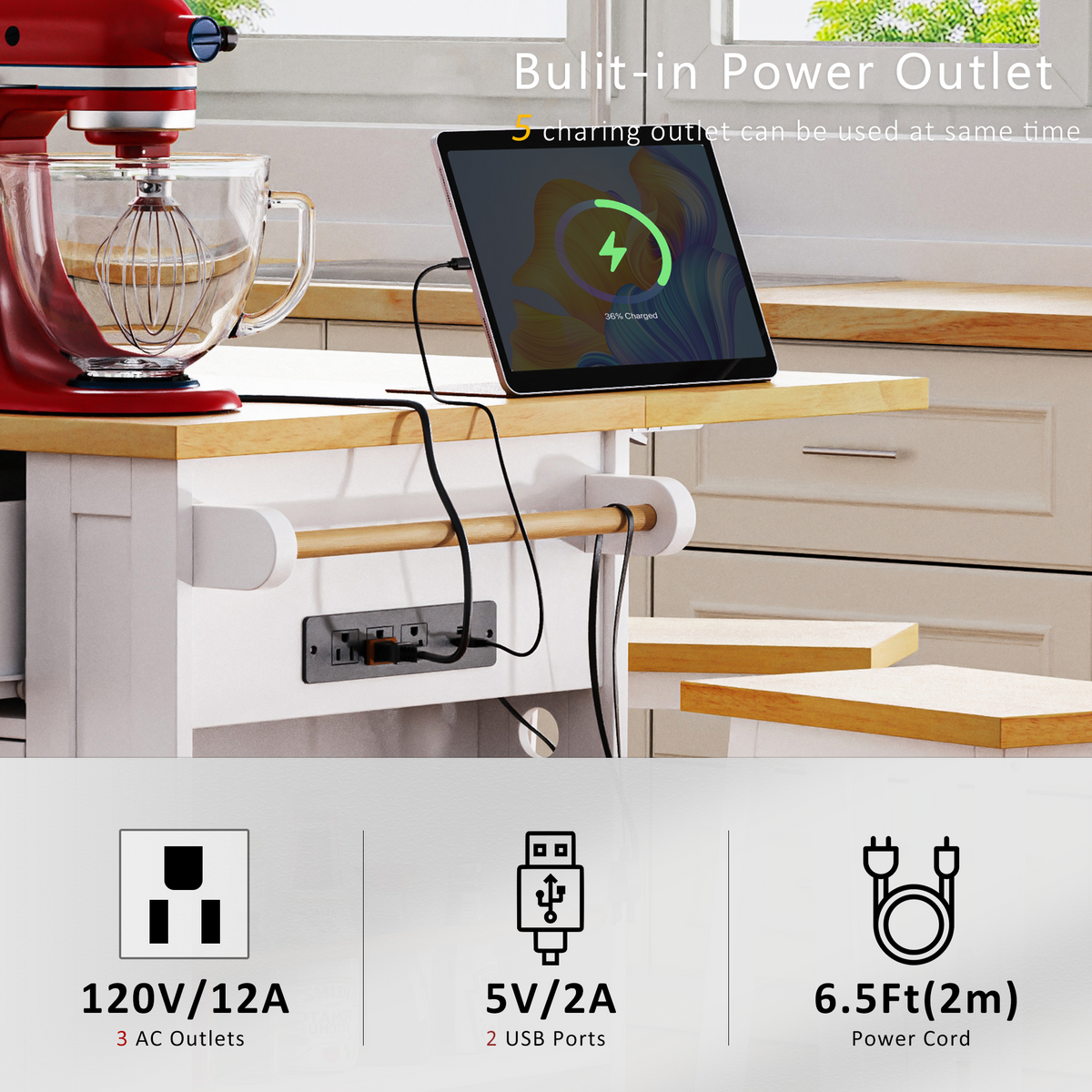 K&K 53inch Large Kitchen Island with 2 Bar Stools, Power Outlet,Door Internal Storage Rack, Kitchen Storage Cart on 5 Wheels with Drop Leaf, 5 Open Side Racks, 3 Drawers, for Kitchen,Dining Room,White N707S000007W-djyc