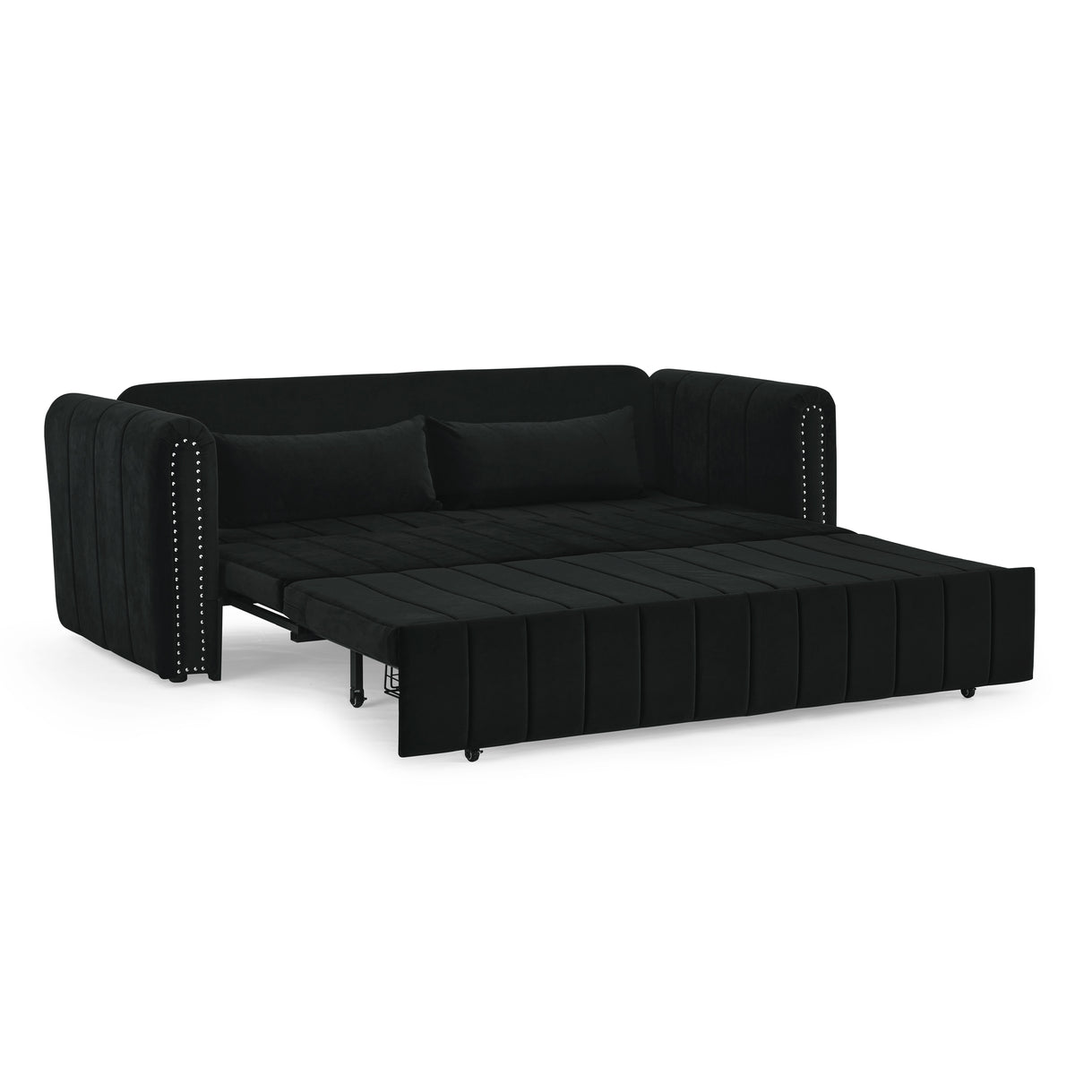 3 in 1 Pull-Out Bed Sleeper, Modern Upholstered 3 Seats Lounge Sofa & Couches with Rolled Arms Decorated with Copper Nails , Convertible Futon 3 Seats Sofabed with Two Drawers and Two Pillows W487S00215-djyc