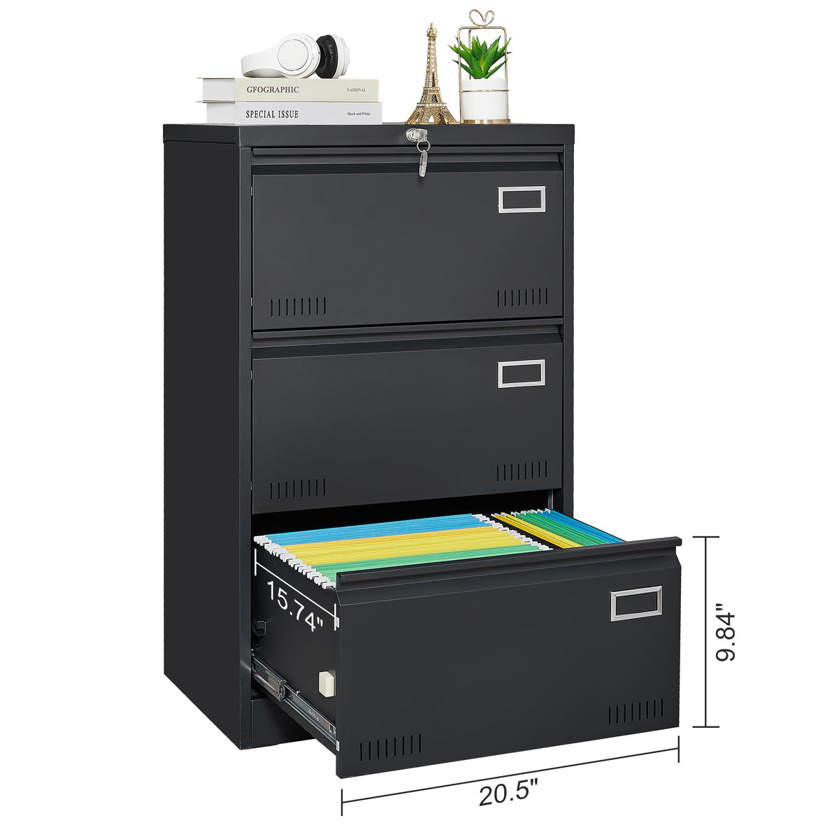 Filing Cabinet Lateral File Cabinet 3 Drawer, Blcak Locking Metal File Cabinets Three Drawer, Office Filing Cabinet with Lock Drawers for Home Office/Legal/Letter/A4/F4 W1247118742-djyc