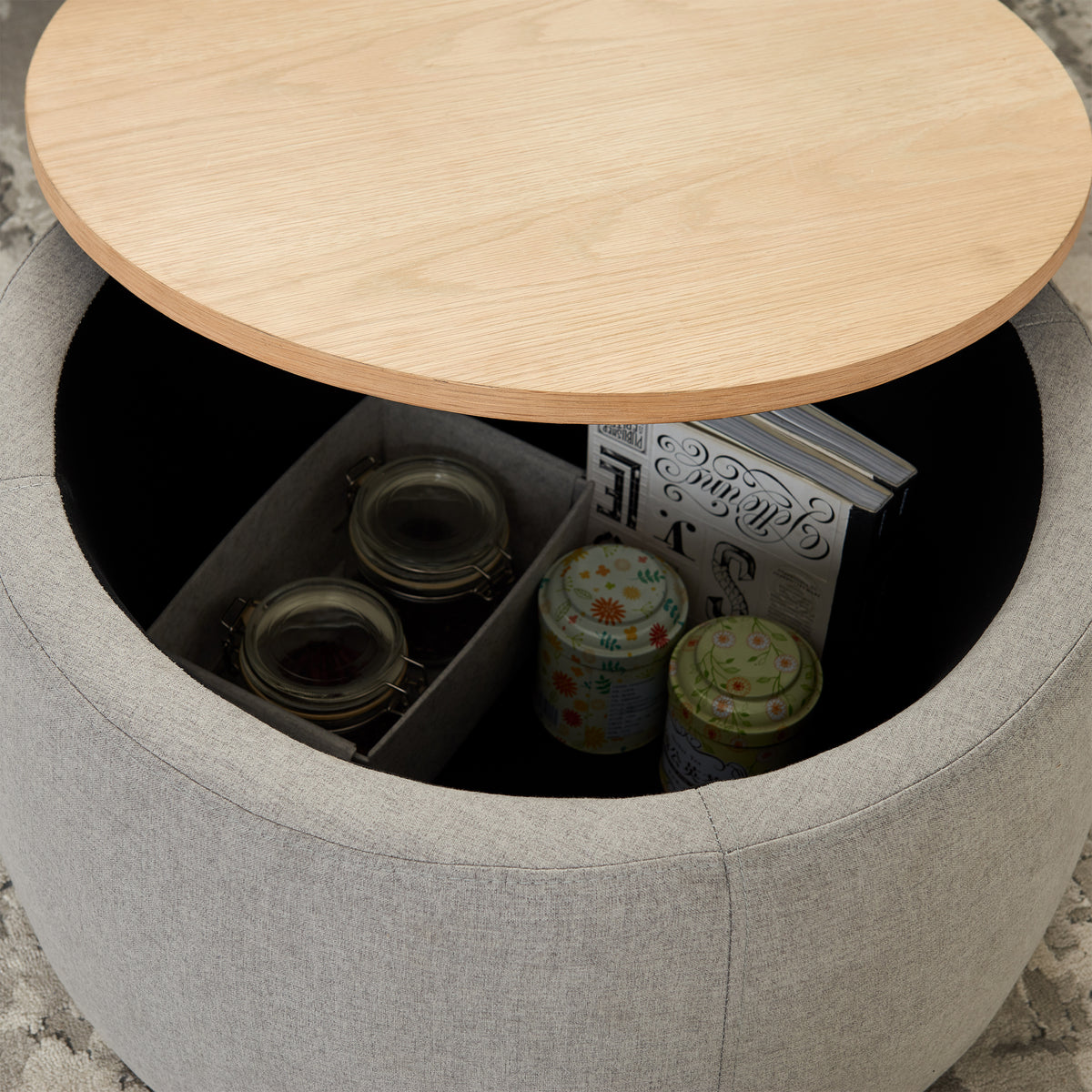 Round Storage Ottoman, 2 in 1 Function, Work as End table and Ottoman,Grey (25.5"x25.5"x14.5") W48735177-djyc