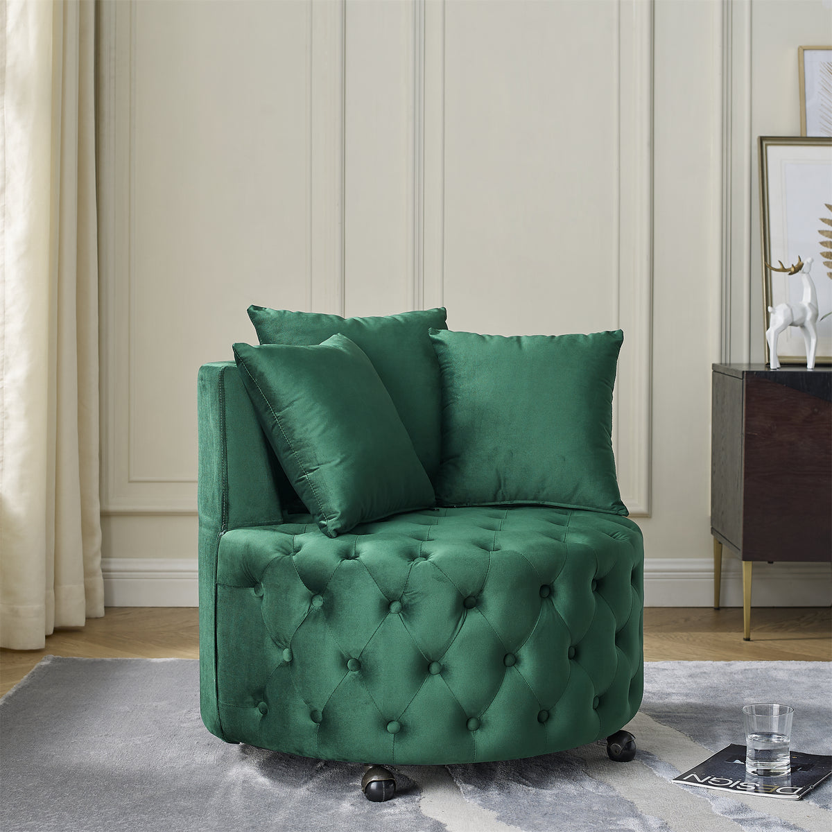 Velvet Upholstered Swivel Chair for Living Room, with Button Tufted Design and Movable Wheels, Including 3 Pillows, Green W48790919-djyc