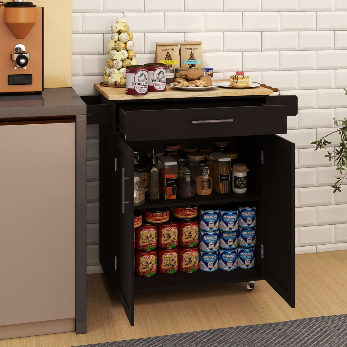 Kitchen island rolling trolley cart with 1 drawer & 2 doors with Adjustable Shelves & towel rack & seasoning rack rubber wood table top - Black W282P184187-djyc