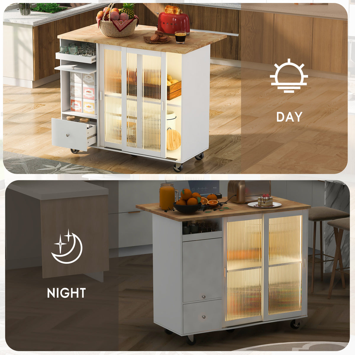 Kitchen Island with Drop Leaf, LED Light Kitchen Cart on Wheels with 2 Fluted Glass Doors and 1 Flip Cabinet Door, Large Kitchen Island Cart with an Adjustable Shelf and 2 Drawers (White) WF311171AAW-djyc