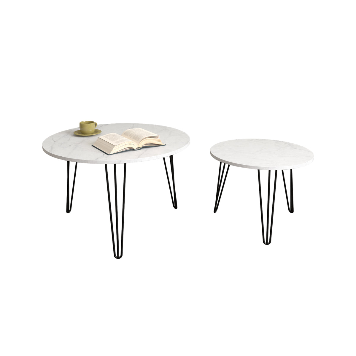 27.56'' Round Nesting Coffee Table Set of 2,Circular Nesting End Table Set, Round Marble Tabletop, and Sturdy Metal Base for Living Room, bedroom, White W808P176737-djyc