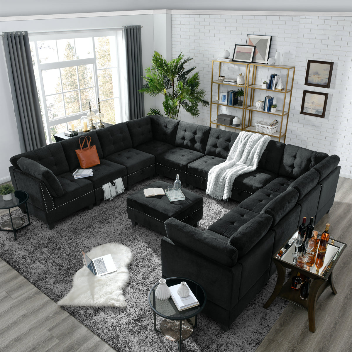 U shape Modular Sectional Sofa,DIY Combination,includes Seven Single Chair,Four Corner and One Ottoman,Black Velvet. W487S00075-djyc