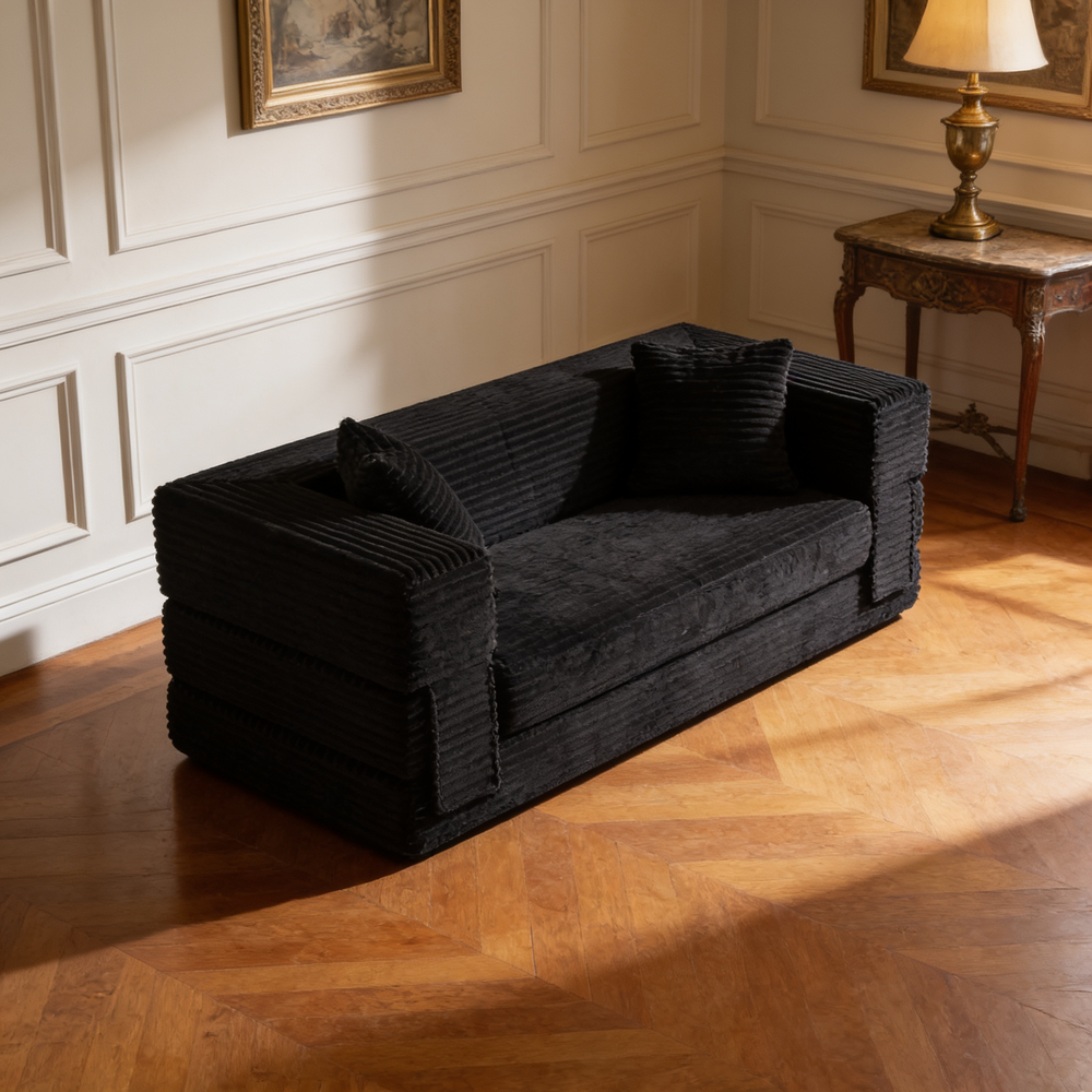 Modern cord sofa with stylish appearance, classic square design, unique two-tier design, convertible into a bed, ideal for apartments and large spaces.-W3396P439851 - 场景图