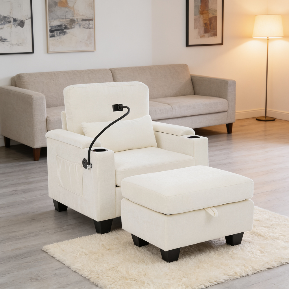 Single sofa recliner with manually adjustable backrest, USB charging port on the armrest side, phone stand included, hidden armrest storage, and a matching storage ottoman-Beige-W487P423650 - 场景图