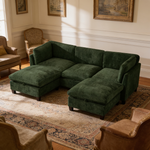 96.5'Sectional Couch for Living room, Upholstered Soft Chenille Fabric Sofa with Storage, 3-Seater with Two Ottomans U Shape Sofa Green-W1097S00287 - 场景图