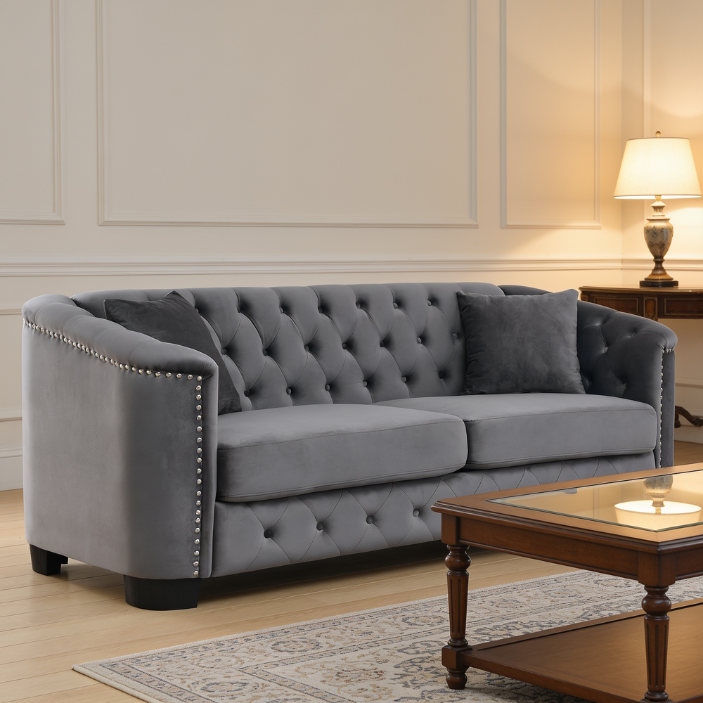 77-Inch Modern Chesterfield Velvet Sofa, 3-Seater Sofa, Upholstered Tufted Backrests with Nailhead Arms and 2 Cushions for Living Room, Bedroom, Apartment, Office (Grey)-W834S00644 - 场景图