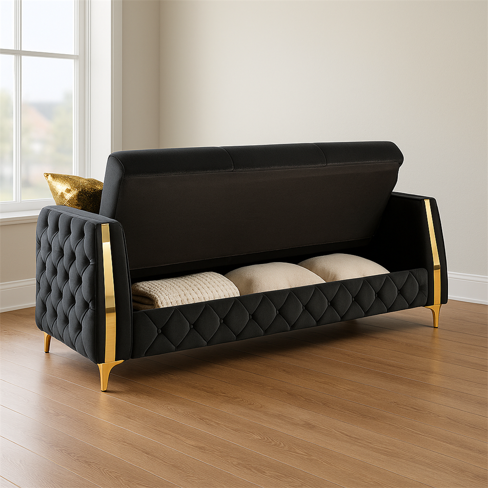 Lippa 3pc Upholstered Sofa, Loveseat and Chair Set in Black Fabric with Gold Stainless Steel Legs, Foam Cushioning and Sturdy Wood Frame-B009S02236 - 场景图