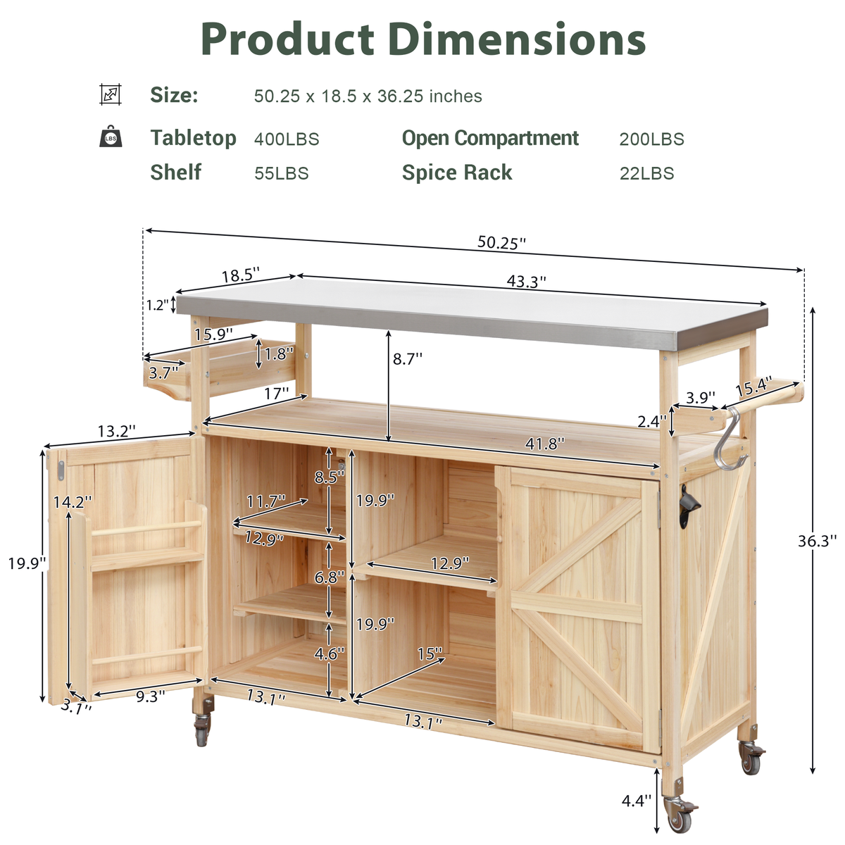 K&K Outdoor Kitchen Island, Rolling Bar Cart & Storage Cabinet, Farmhouse Solid Wood Outdoor Grill Table with Stainless Steel Top, Spice Rack , Towel Rack for Kitchen & BBQ , Natural WF532198AAY-djyc