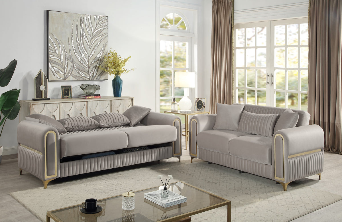 Ruby 2Pc Modern Upholstered Sofa and Loveseat in Taupe with Solid Birch Wood Frame, Pocket Coil Seating and Gold Stainless Steel Legs-B009S02251