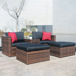 Updated 5 Pieces Outdoor Patio Garden Brown Wicker Sectional Conversation Sofa Set with Black Cushions and Red Pillows,w/ Furniture Protection Cover W400S00037-djyc