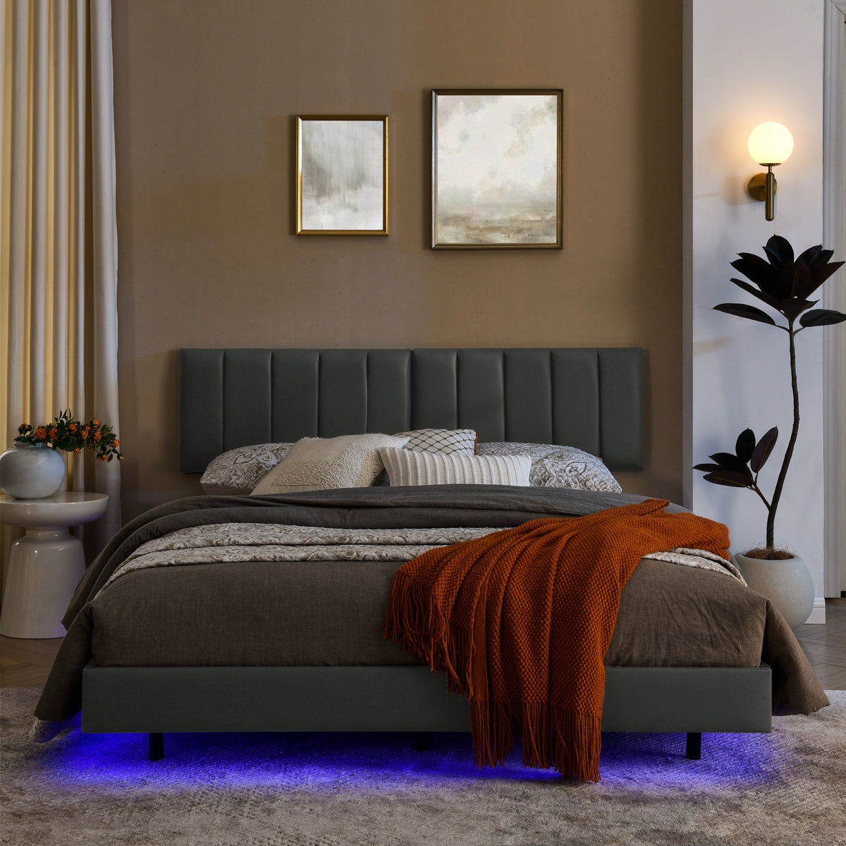 Queen Floating Bed Frame with LED Lights and Wall Mounted Headboard Modern Low Profile Led Platform Bed Frame Queen Size Faux Leather Upholstered Platform Bed Frame,No Box Spring Needed,Grey W487P169723-djyc