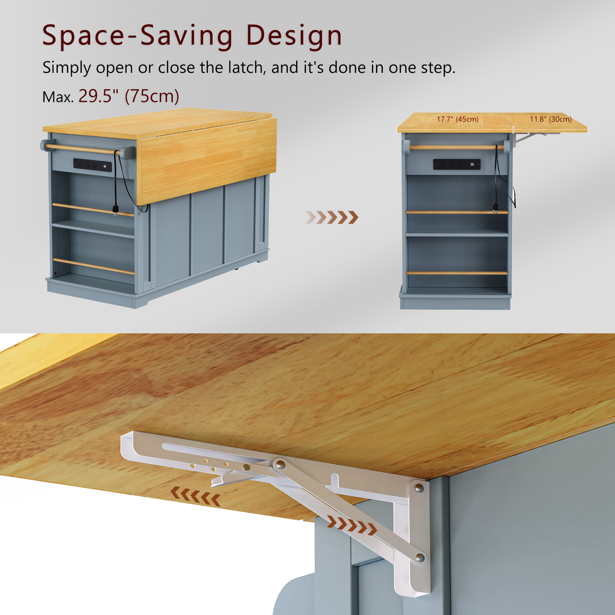 K&K 53inch Large Kitchen Island with Drop Leaf,Power Outlet,Door Internal Storage Rack,Rolling Kitchen Cart on 5 Wheels with 5 Open Side Racks for Kitchen,Dining Room,Grey Blue(Not include bar stools) N707P185531G-djyc