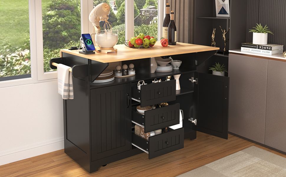 K&K 55.7'' Large Kitchen Island with 2 Drop Leaf,, Rolling Kitchen Cart on 5 Wheels with Power Outlet, Folding Storage Dining Table with Spice & Towel Rack , 3 Drawers, for Kitchen, Dining Room,Black N707P186617B-djyc