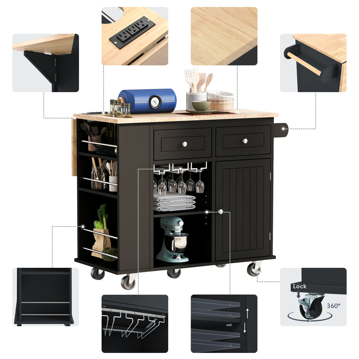 Kitchen Island with Power Outlet,Kitchen Storage Island with Drop Leaf and Rubber Wood,Open Storage and Wine Rack,5 Wheels,with Adjustable Storage for Home, Kitchen, and Dining Room, Black WF305556AAB-djyc