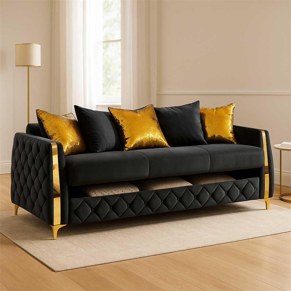 Lippa 3pc Upholstered Sofa, Loveseat and Chair Set in Black Fabric with Gold Stainless Steel Legs, Foam Cushioning and Sturdy Wood Frame-B009S02236 - 场景图