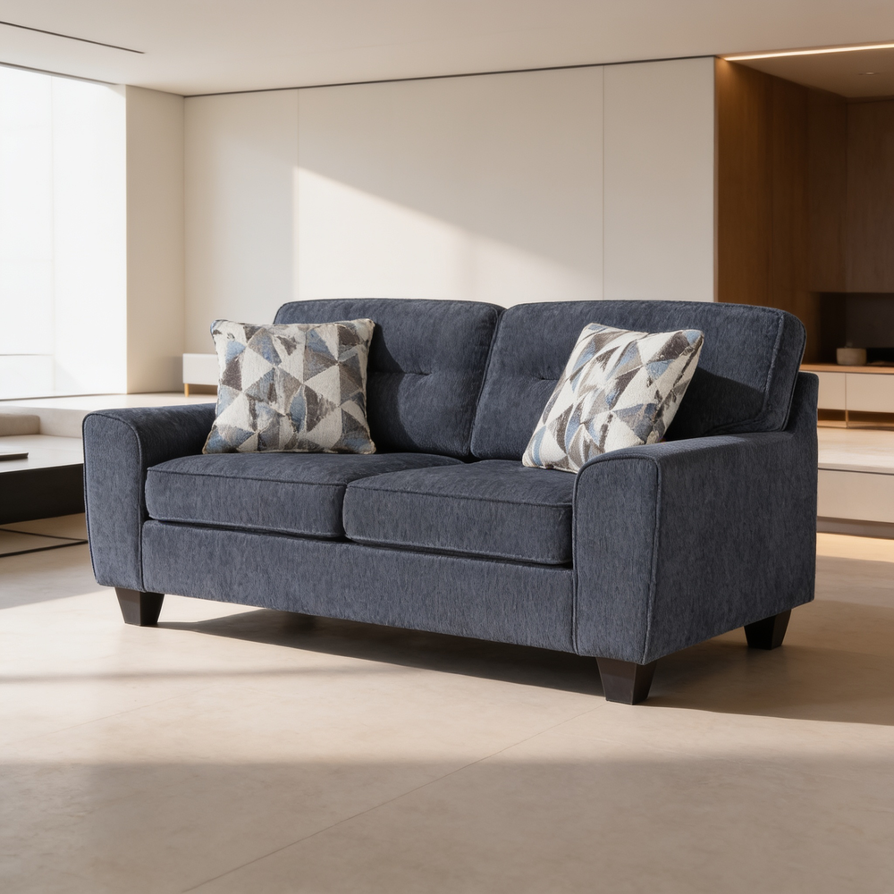 Contemporary Blue 2pc Set Sofa Loveseat Durable Chenille Fabric Decorative Pillows Wooden Living Room Furniture-B011S02478 - 场景图
