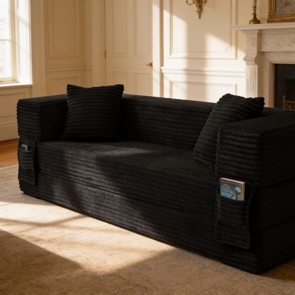 Modern cord sofa with stylish appearance, classic square design, unique two-tier design, convertible into a bed, ideal for apartments and large spaces.-W3396P439851 - 场景图