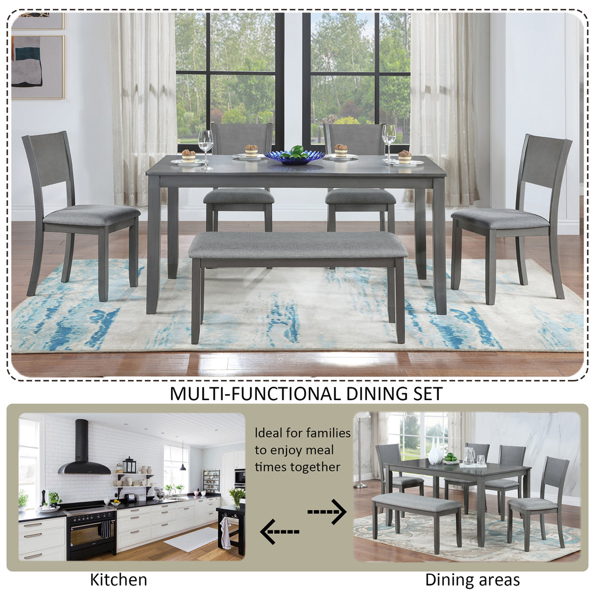 6 Piece Kitchen Dining Set, Rectangular Wooden Dining Table with 4 Upholstered Chairs and a Bench, Dining Table Set for 6 People, Living Room, Home Bar and Kitchen, Gray W1998S00054-djyc