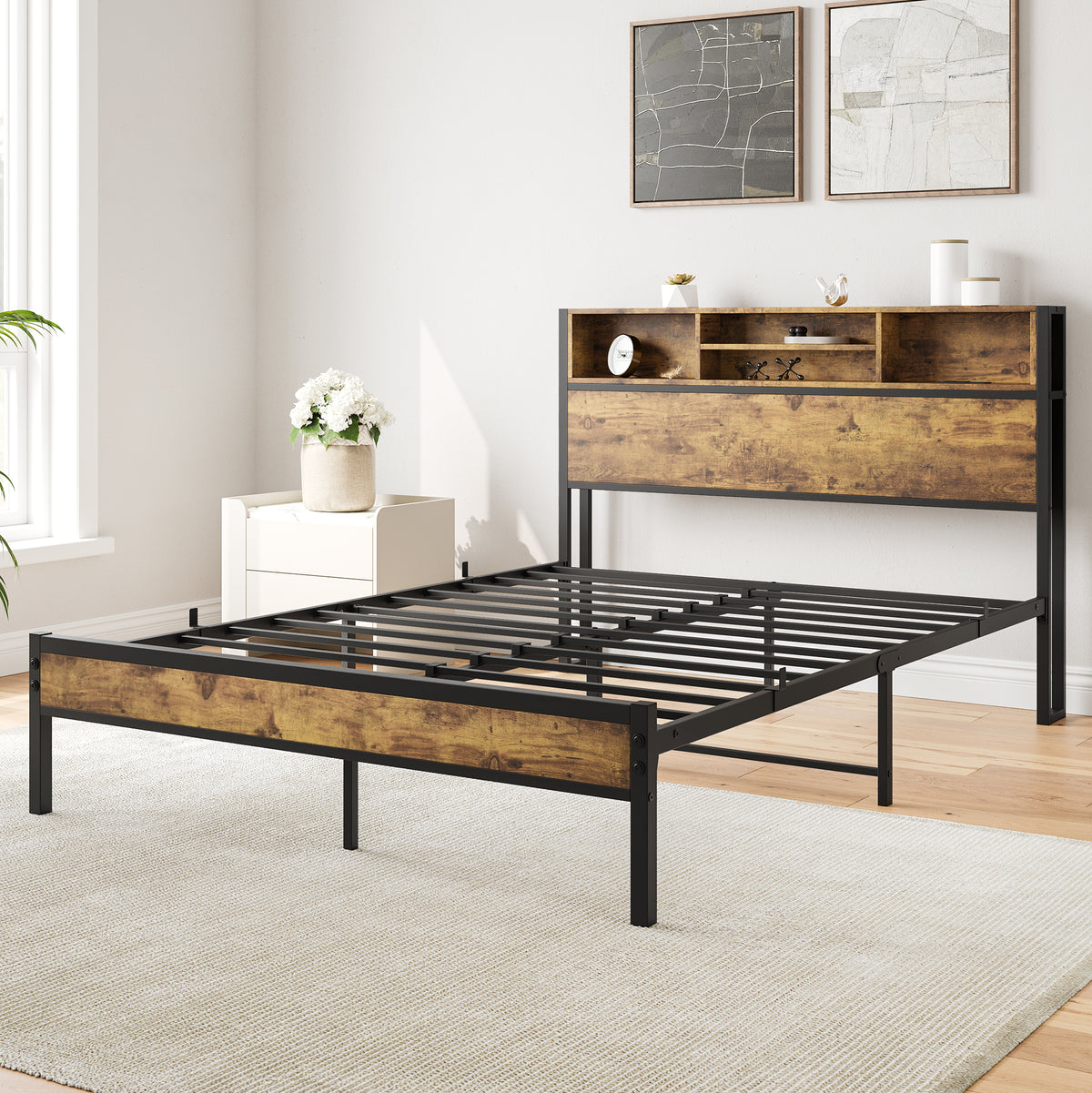 Full Size Bed Frame with Storage Headboard, Metal Platform Bed with Charging Station,Bookcase Storage, No Box Spring Needed, Easy Assembly, Noise-Free, Black W840127763-djyc