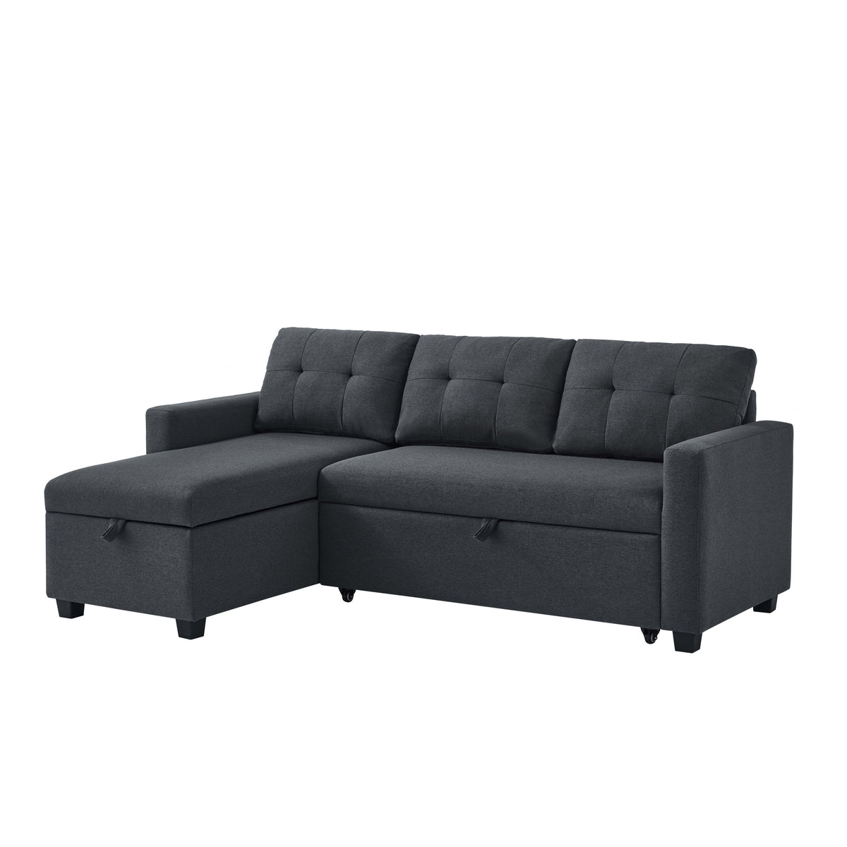 Upholstered Pull Out Sectional Sofa with Storage Chaise, Convertible Corner Couch, Dark Grey W2336S00012-djyc