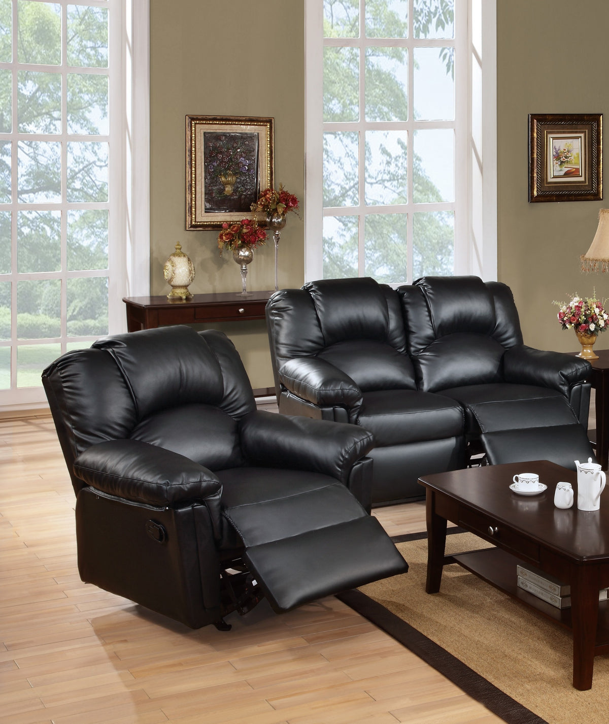 Modern 2pc Living Room Set 1x Loveseat 1x Recliner Cushion Backrest Pillow Armrest Black Finish Primary Living Room Furniture-B011S02385