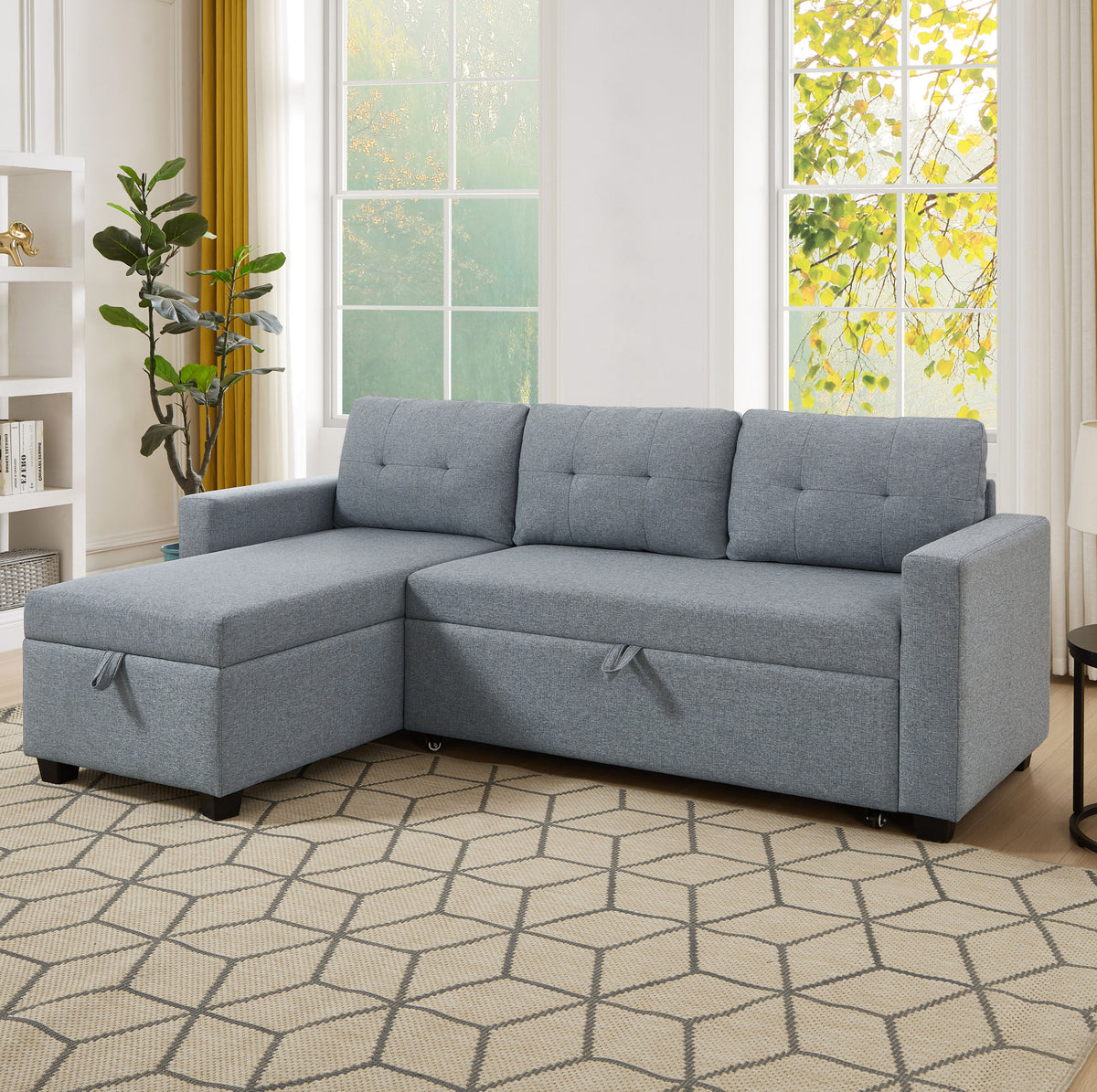 Upholstered Pull Out Sectional Sofa with Storage Chaise, Convertible Corner Couch, Light Grey W2336S00013-djyc