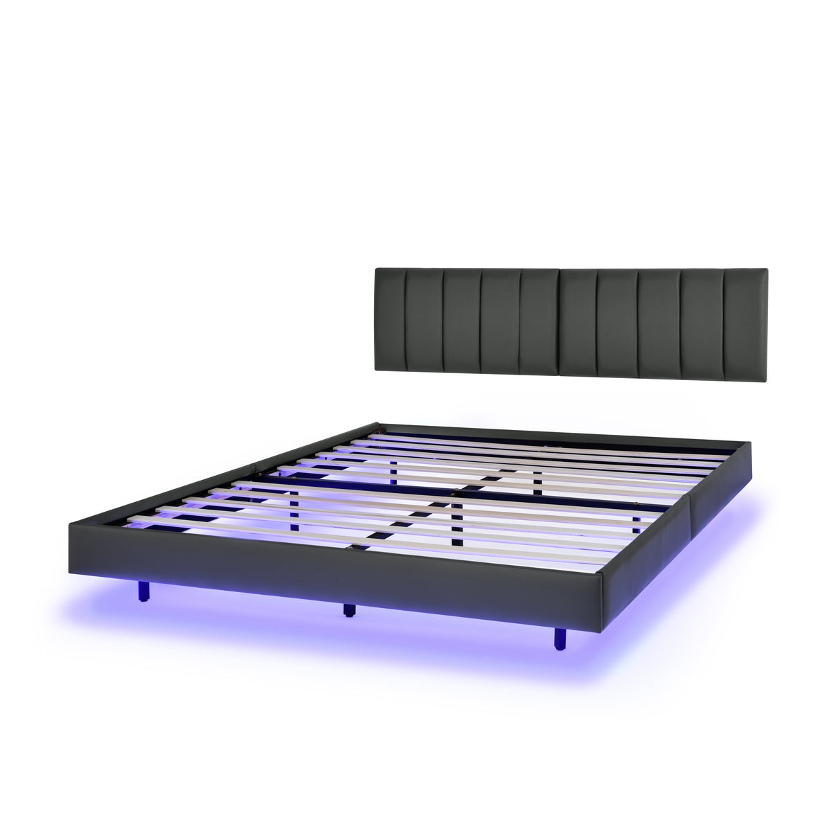 Queen Floating Bed Frame with LED Lights and Wall Mounted Headboard Modern Low Profile Led Platform Bed Frame Queen Size Faux Leather Upholstered Platform Bed Frame,No Box Spring Needed,Grey W487P169723-djyc