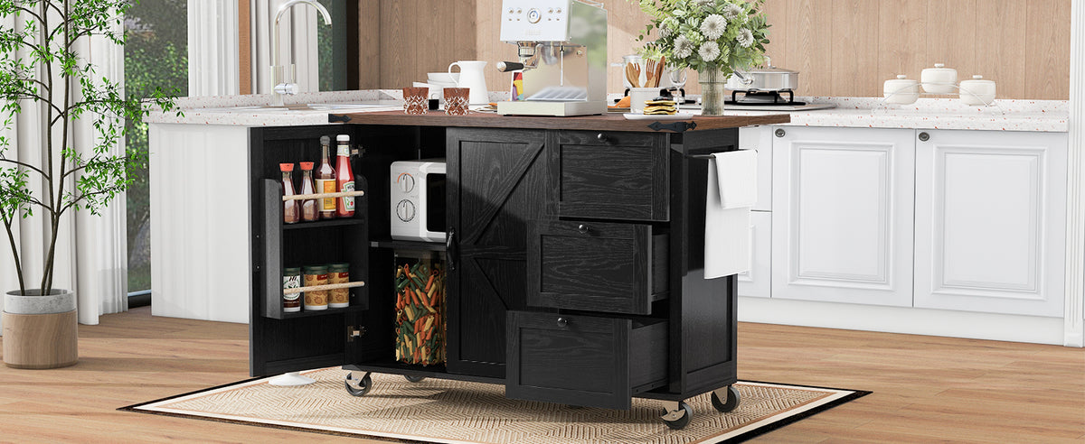 K&K 54.5" Farmhouse Kitchen Island with Power Outlet, Kitchen Storage Islandwith Internal Storage Rack, Drop Leaf, Spice Rack, Rolling Kitchen Cart on Wheels, for Home, Kitchen and Dining Room,Black N707P170349B-djyc