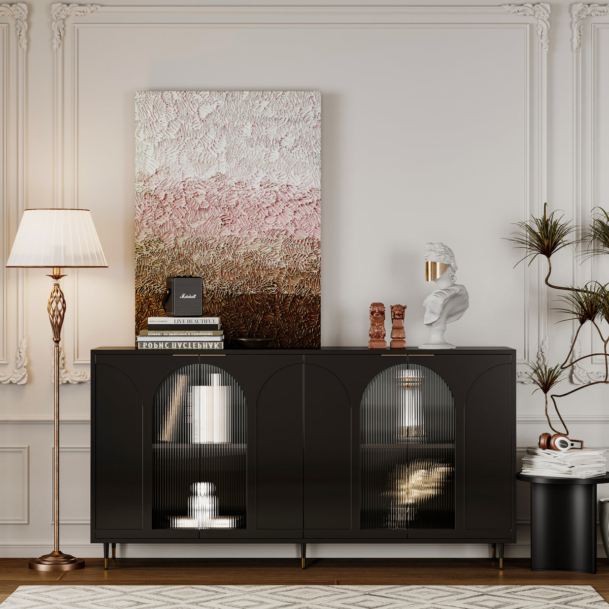 Accent Cabinet Black Lacquered Wooden Cabinet with 4 Glass Doors Sideboard Buffet Server Cabinet Storage Cabinet, for Living Room, Entryway, Hallway, Office, Kitchen and Dining Room W1435133310-djyc