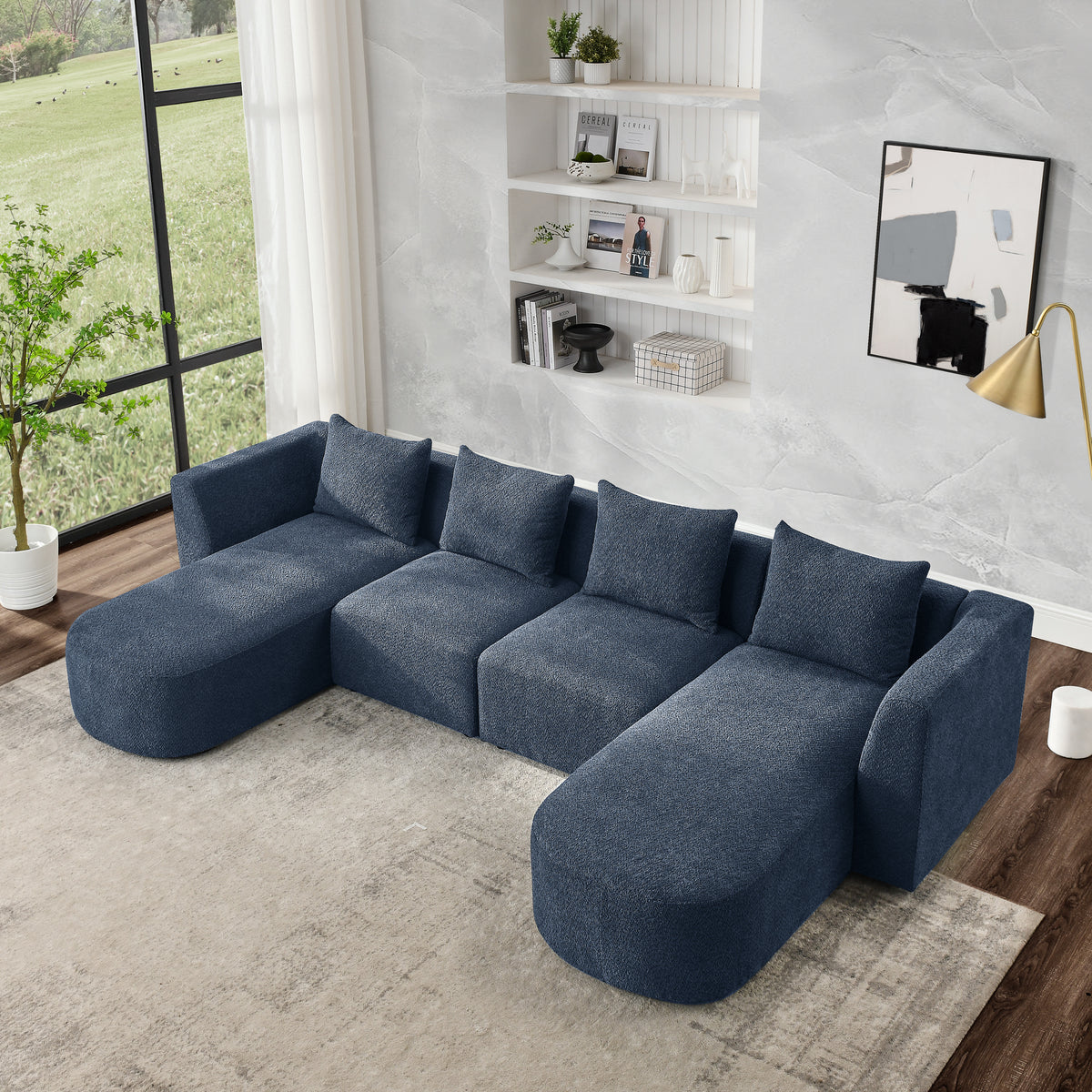 U Shape Sectional Sofa including Two Single Seats and Two Chaises, Modular Sofa, DIY Combination, Loop Yarn Fabric, Navy W487S00162-djyc