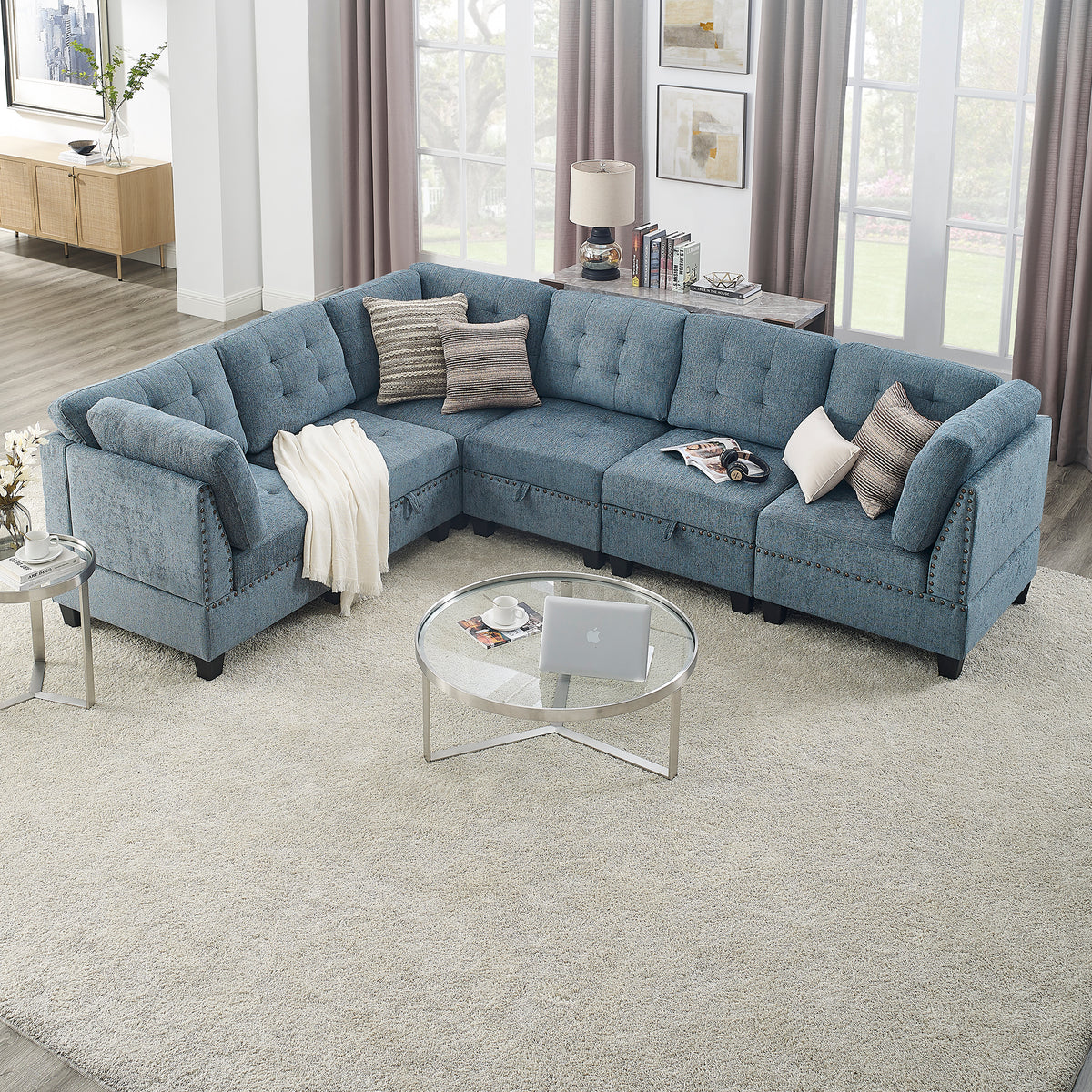 L shape Modular Sectional Sofa,DIY Combination,includes Three Single Chair and Three Corner ,Navy Chenille W487S00192-djyc