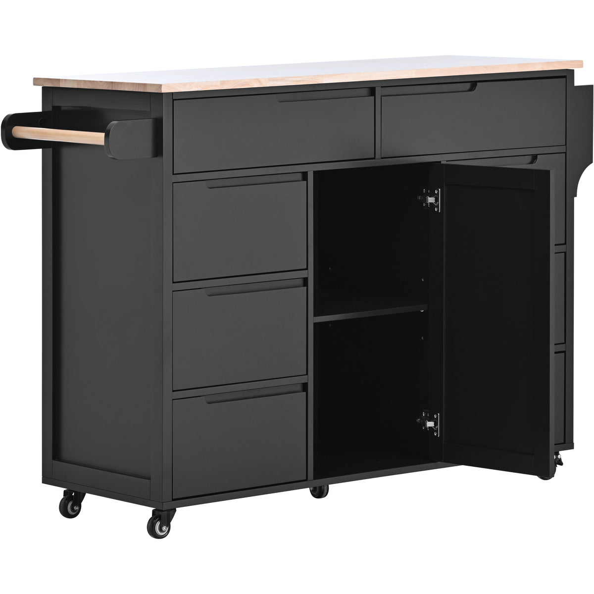 K&K Store Kitchen Cart with Rubber Wood Countertop , Kitchen Island has 8 Handle-Free Drawers Including a Flatware Organizer and 5 Wheels for Kitchen Dinning Room, Black SK000002AAB-djyc