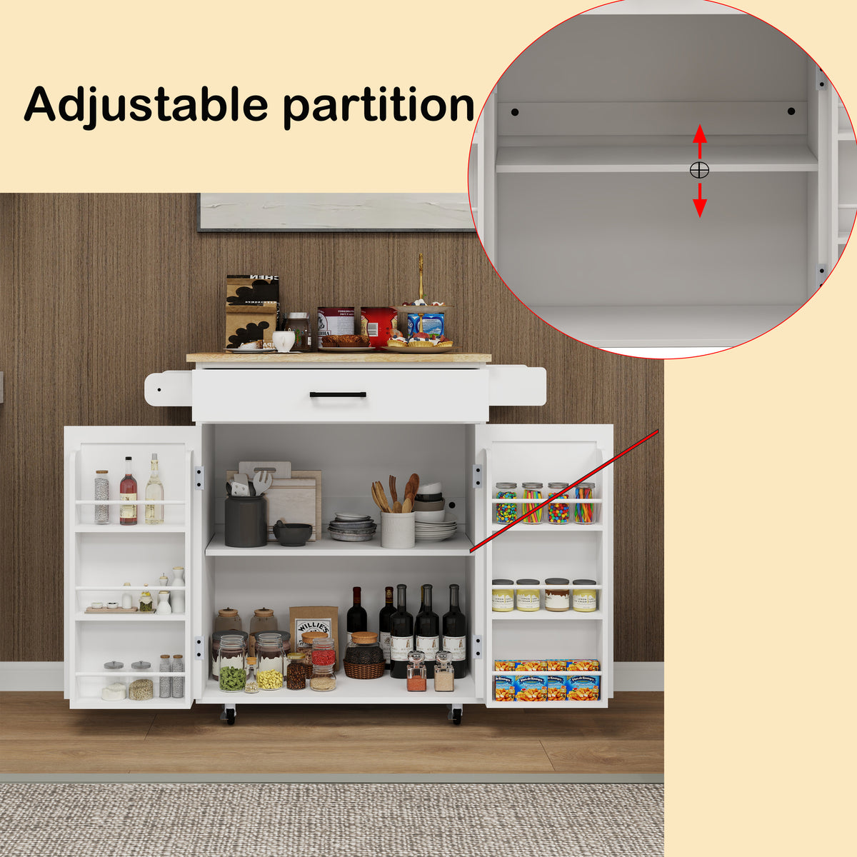 Kitchen island rolling trolley cart with 1 drawer & 2 doors with storage racks & Adjustable Shelves & towel rack & seasoning rack rubber wood table top-White W282P163314-djyc