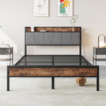 Full Size Bed Frame, Storage Headboard with Charging Station, Solid and Stable, Noise Free, No Box Spring Needed, Easy Assembly,Vintage Brown and Gray W840120028-djyc