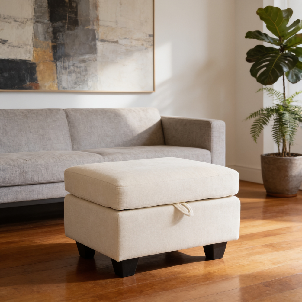 Single sofa recliner with manually adjustable backrest, USB charging port on the armrest side, phone stand included, hidden armrest storage, and a matching storage ottoman-Beige-W487P423650 - 场景图