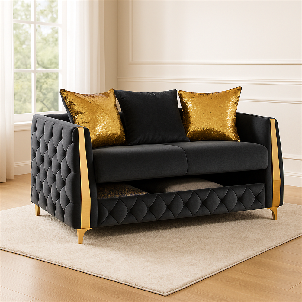 Lippa 3pc Upholstered Sofa, Loveseat and Chair Set in Black Fabric with Gold Stainless Steel Legs, Foam Cushioning and Sturdy Wood Frame-B009S02236 - 场景图