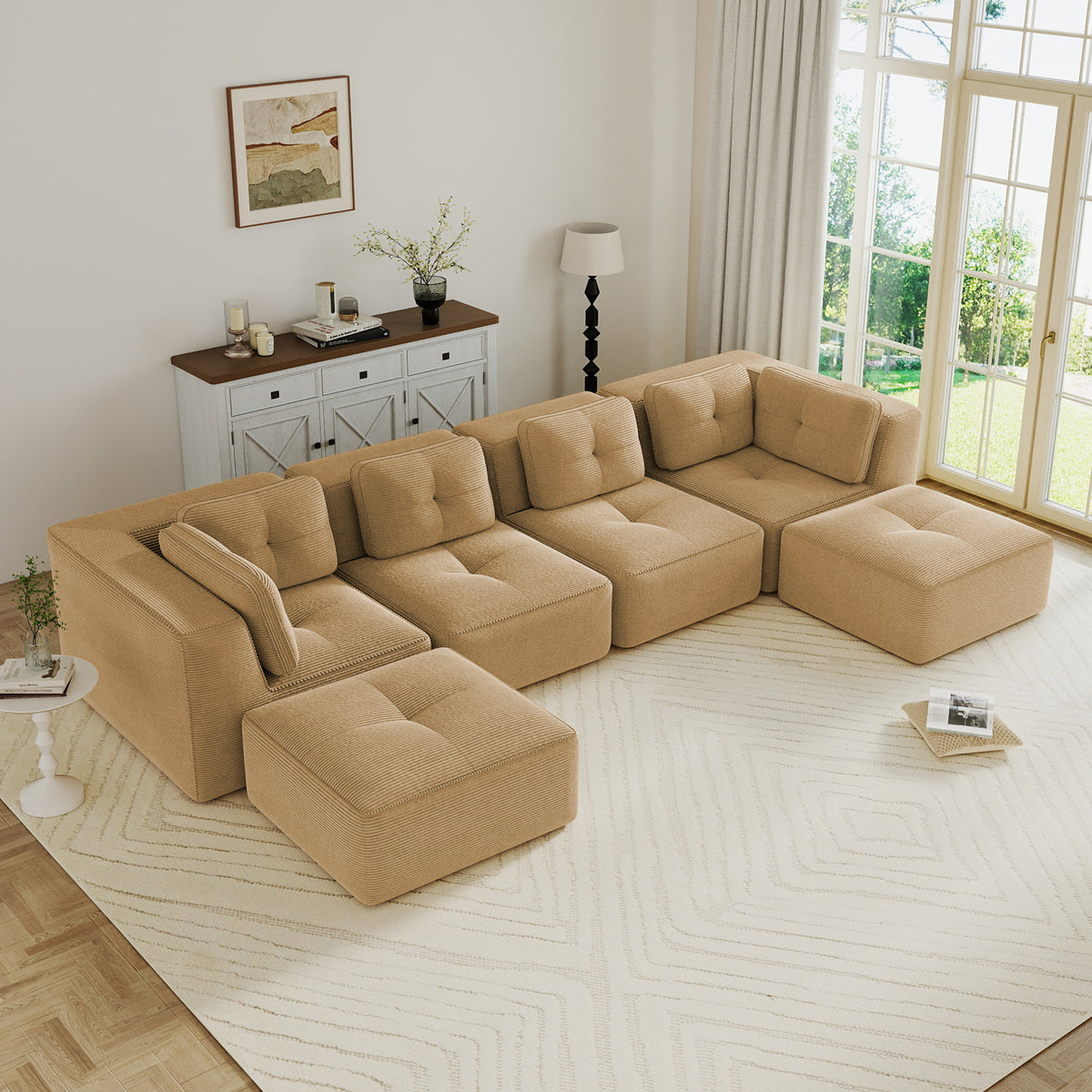 Modern U-Shaped Modular Sectional Sofa for Living Room, Corduroy Fabric, 4-Seater Couch with Deep Seat and 2-Movable Ottoman,Pearl-like piping, Tufted Design, No Assembly, Anti-slip Design, Camel-W714S01788