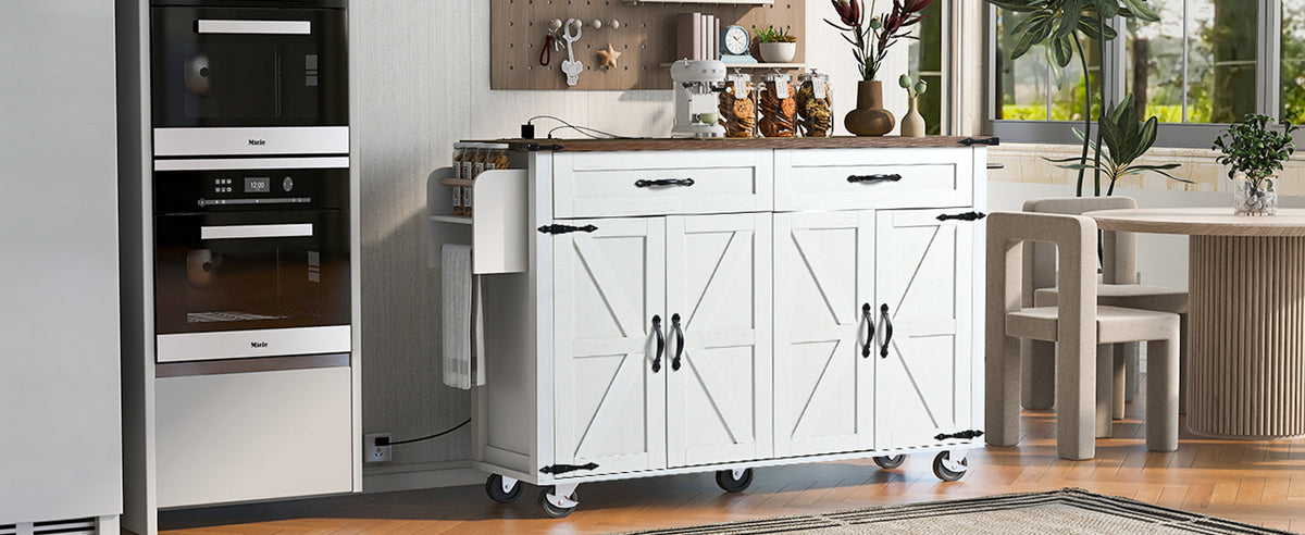 K&K 53.5''Farmhouse Kitchen Island with Power Outlet, Kitchen Storage Island with Drop Leaf, Spice Rack and Drawer, Rolling Kitchen Cart on Wheels, for Home, Kitchen and Dining Room, White N707P170348W-djyc