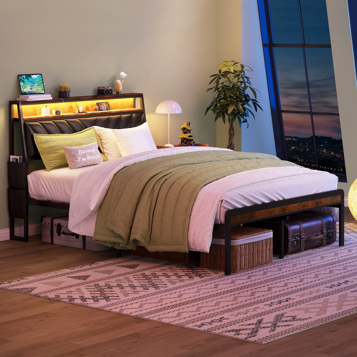 Full size Platform Bed Frame with 105-Degree Tilted Upholstered Headboard, Charging Station, LED Lights, Noiseless, Black and Brown W1903P195308-djyc