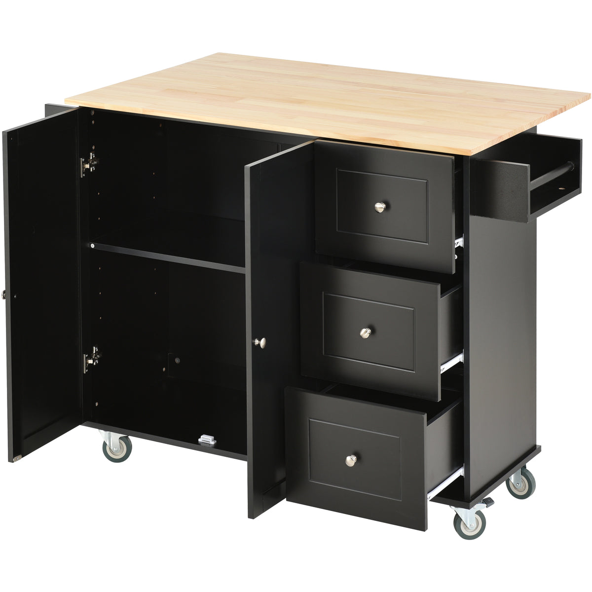 Rolling Mobile Kitchen Island with Solid Wood Top and Locking Wheels,52.7 Inch Width,Storage Cabinet and Drop Leaf Breakfast Bar,Spice Rack, Towel Rack & Drawer (Black) WF287035AAB-djyc