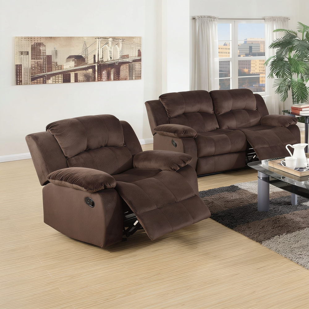 Modern 2pc Living Room Set 1x Loveseat 1x Recliner Suede Padded Cushion Back Pillow Arms Metal Reclining Chocolate Finish Primary Living Room Furniture-B011S02397 - 正方形修复