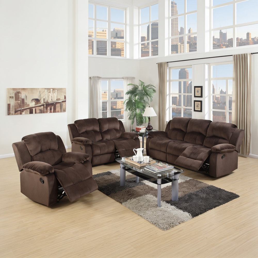 Modern Style 3pc Living Room Set 1x Sofa 1x Loveseat 1x Recliner Suede Padded Seat Metal Reclining Pillow Arms Cushion Back Chocolate Finish Primary Living Room Furniture-B011S02394 - 正方形修复