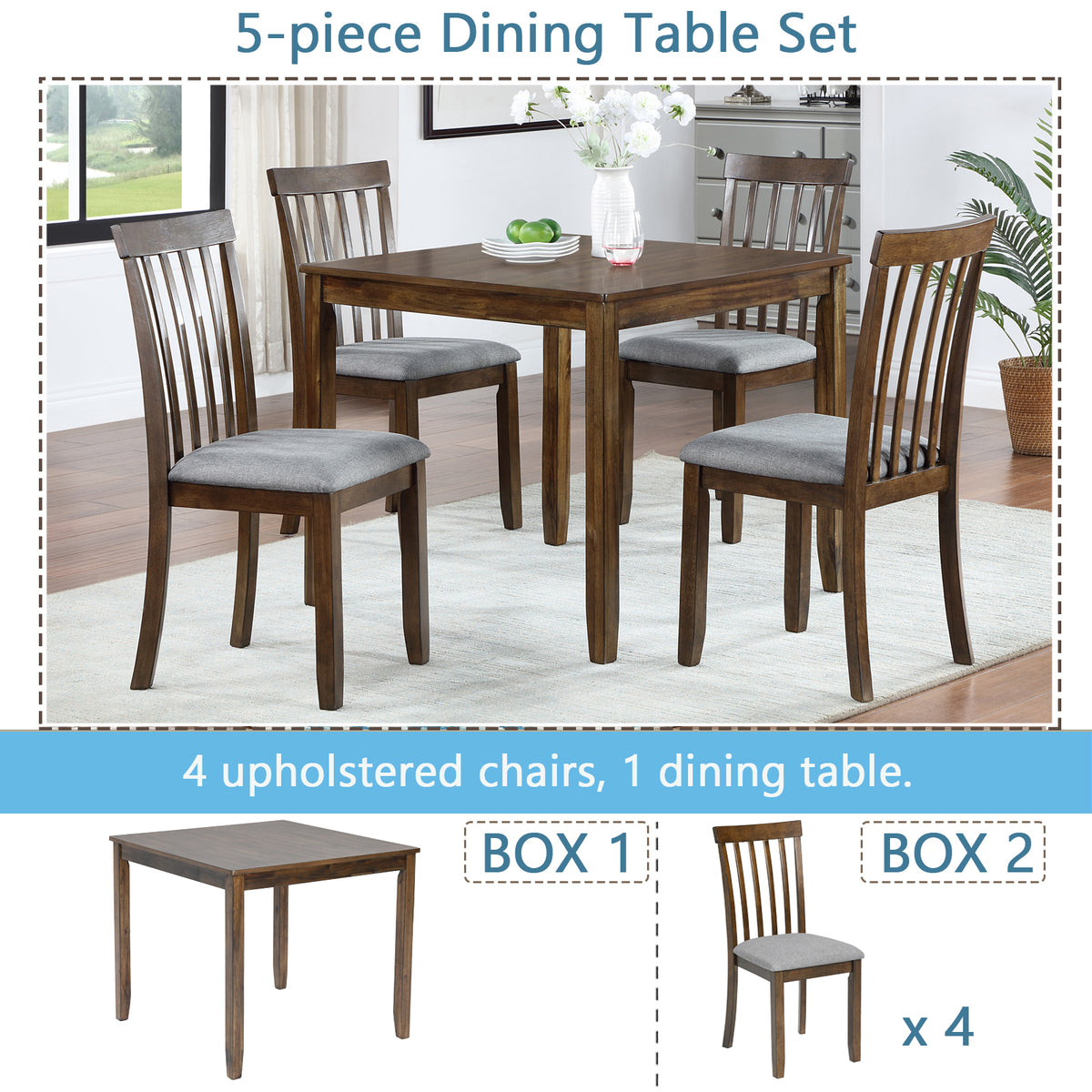 5 Piece Modern Dining Set, Square Wooden Dining Table with 4 Upholstered Chairs for Kitchen, Dining Room, Walnut W1998S00026-djyc