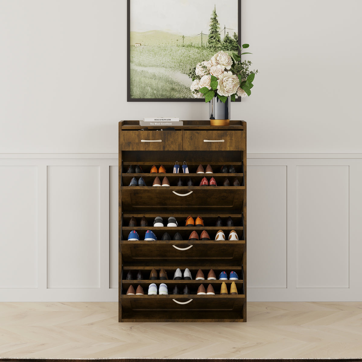 31.49 inches of black and brown solid wood shoe cabinet, three layers of flip bucket shoes storage cabinet, simple and generous for a variety of home styles Black and brown solid wood shoe cabinet, th W1278S00042-djyc